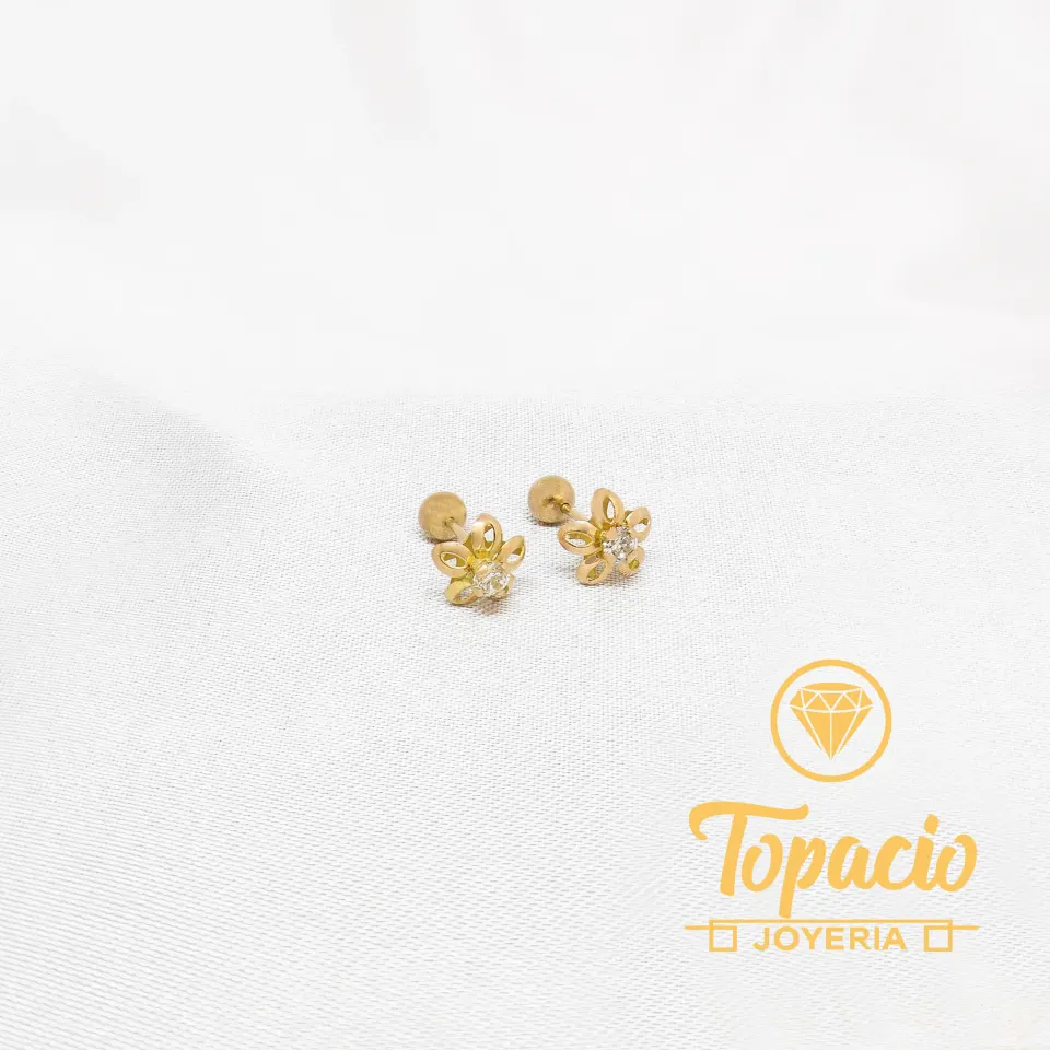 Aretes Flor con Piedra Blanca 18K