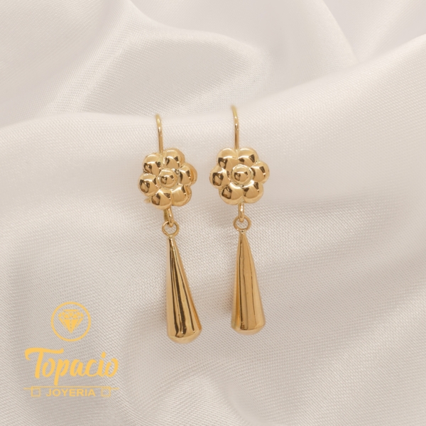 Arete Flor con Lágrima Colgante 18K